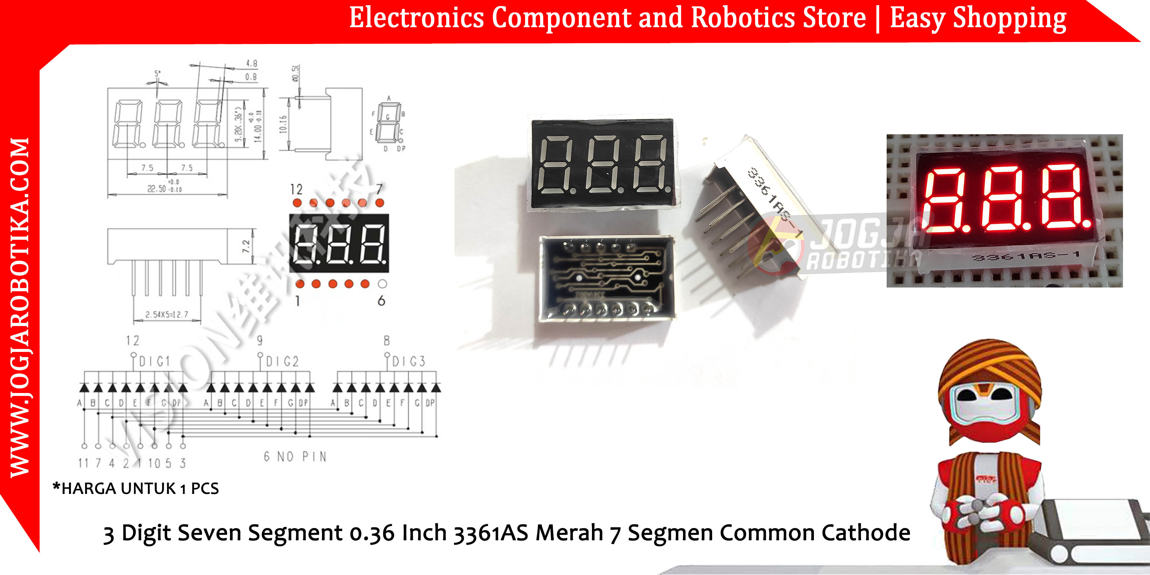 3 Digit Seven Segment 036 Inch 3361as Merah 7 Segmen Common Cathode 4745