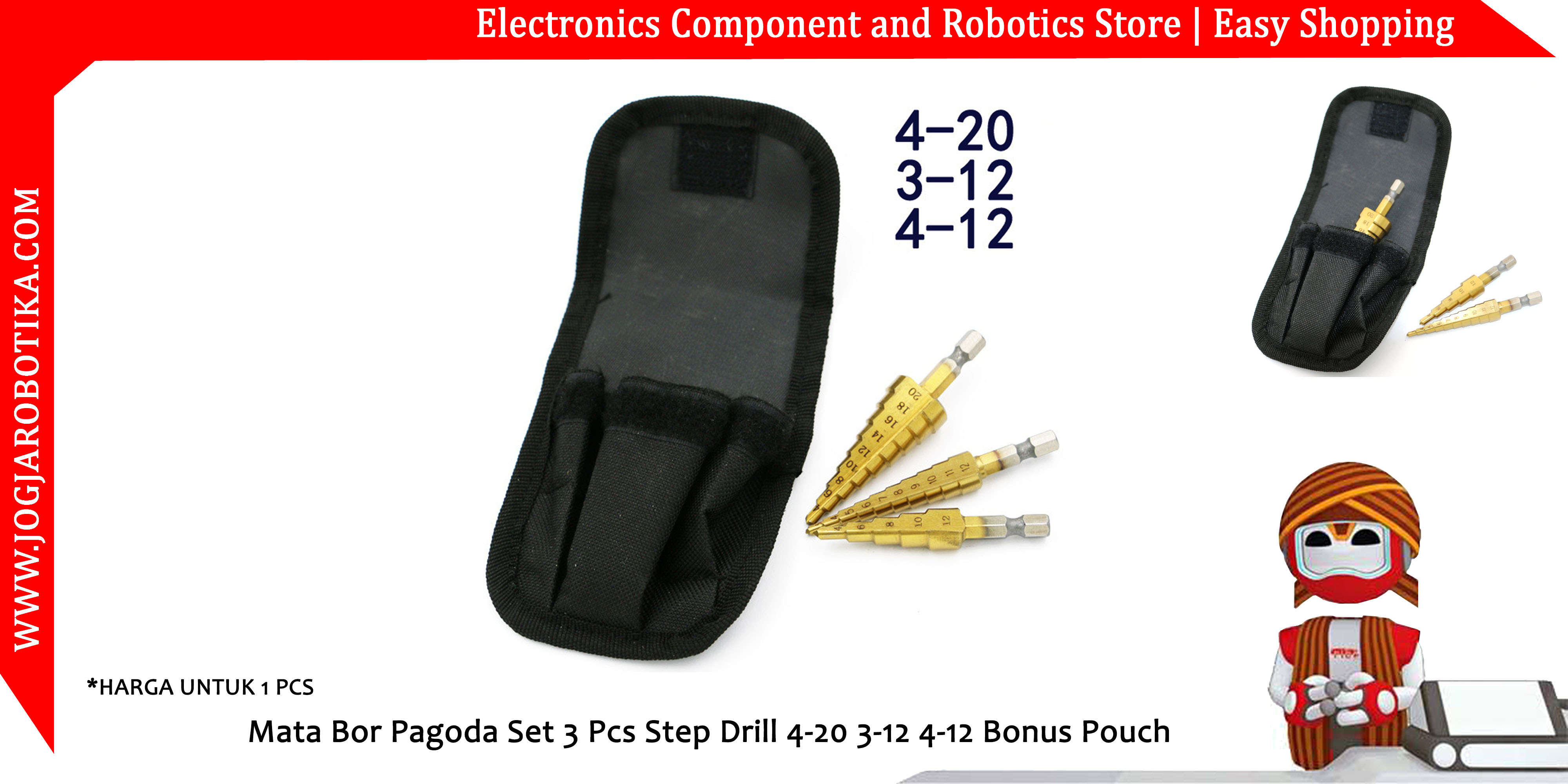 Mata Bor Pagoda Set 3 Pcs Step Drill 4-20 3-12 4-12 Bonus Pouch