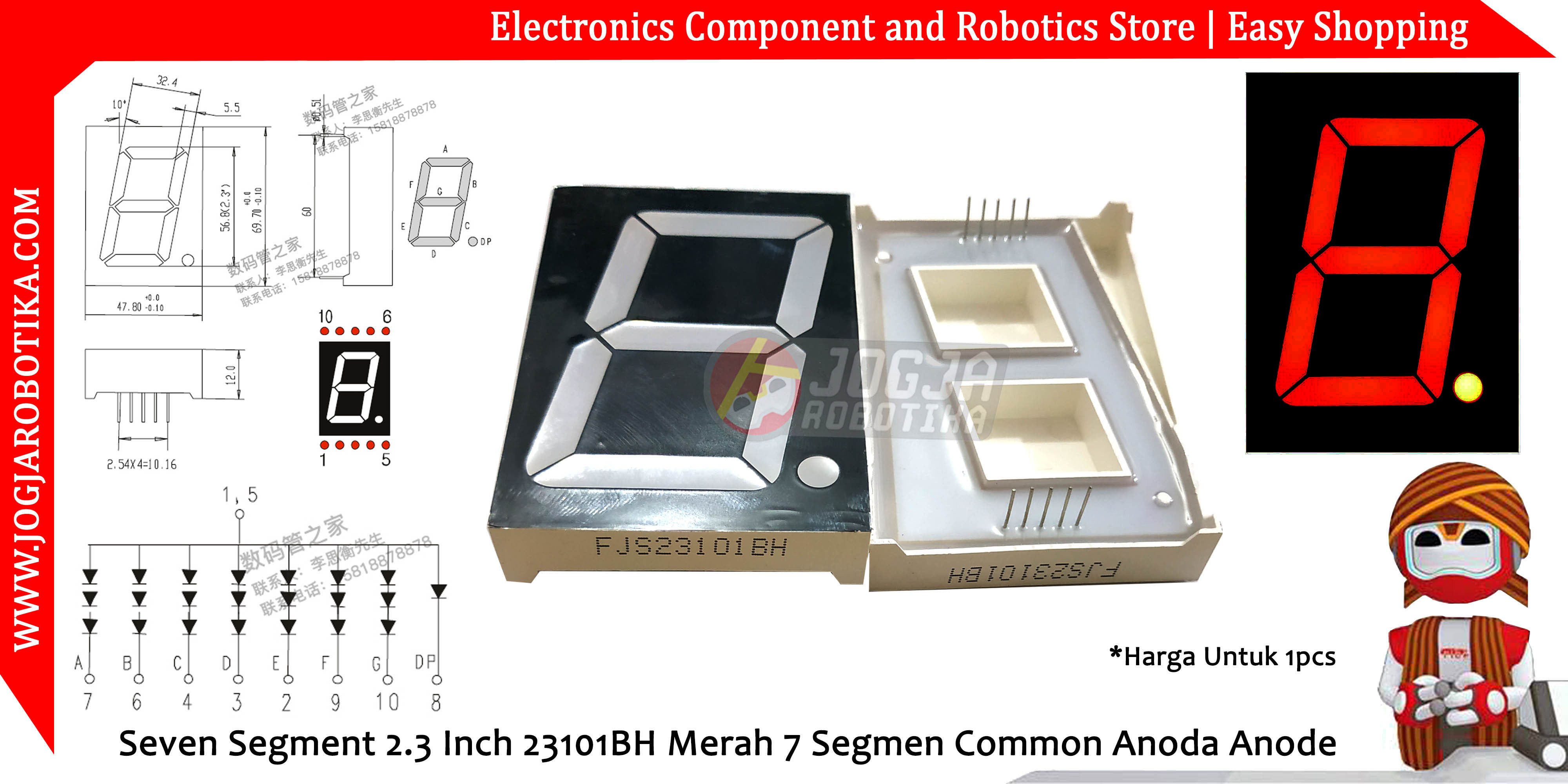 Seven Segment 2.3 Inch FJS23101BH Merah 7 Segmen Common Anoda Anode