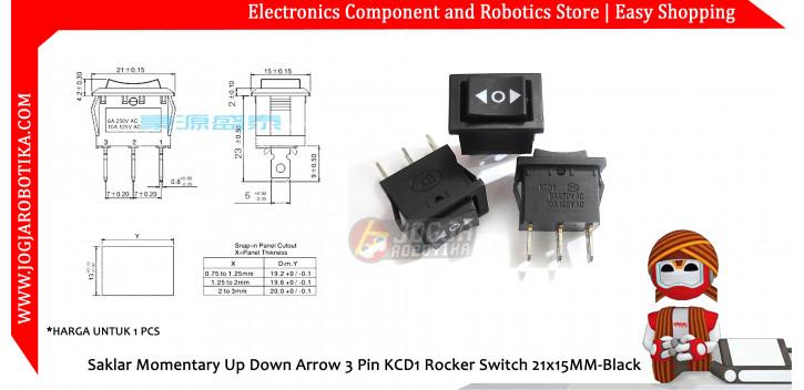 Saklar Momentary Up Down Arrow 3 Pin KCD1 Rocker Switch 21x15MM-Black