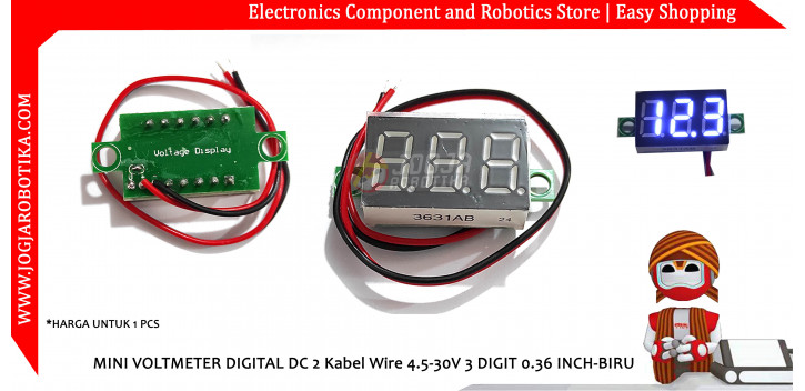 MINI VOLTMETER DIGITAL DC 2 Kabel Wire 4.5-30V 3 DIGIT 0.36 INCH-BIRU