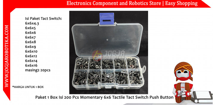 Paket 1 Box Isi 200 Pcs Momentary 6x6 Tactile Tact Switch Push Button