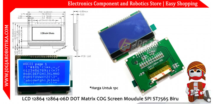 LCD 12864 12864-06D DOT Matrix COG Screen Moudule SPI ST7565 Biru