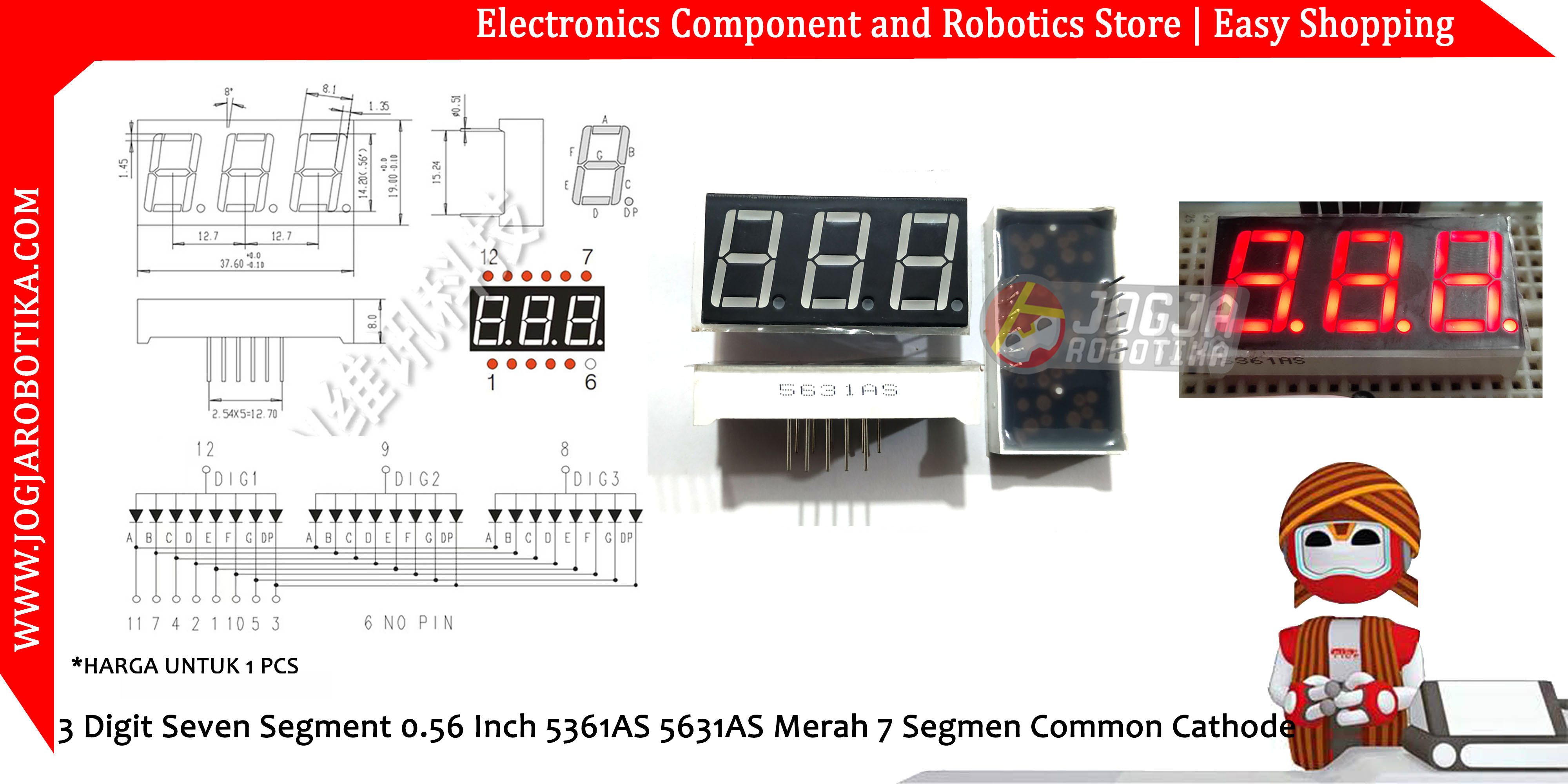 3 Digit Seven Segment 0.56 Inch 5361AS 5631AS Merah 7 Segmen Common Cathode