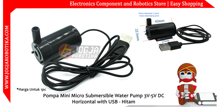 Pompa Mini Micro Submersible Water Pump 3V-5V DC Horizontal with USB - Hitam