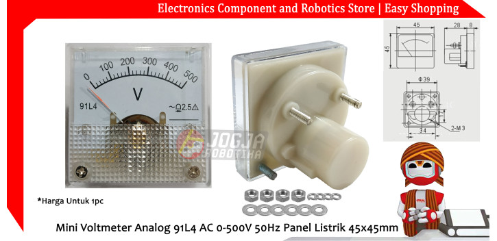 Mini Voltmeter Analog 91L4 AC 0-500V 50Hz Panel Listrik 45x45mm