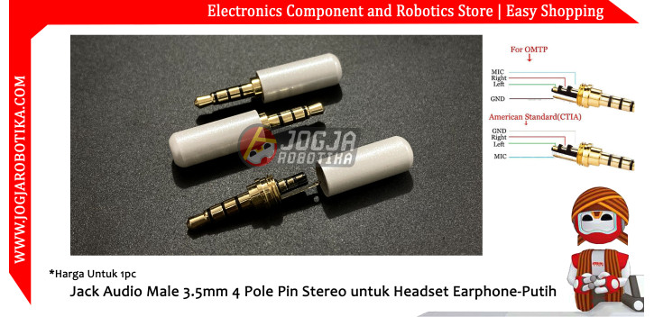 Jack Audio Male 3.5mm 4 Pole Pin Stereo untuk Headset Earphone-Putih