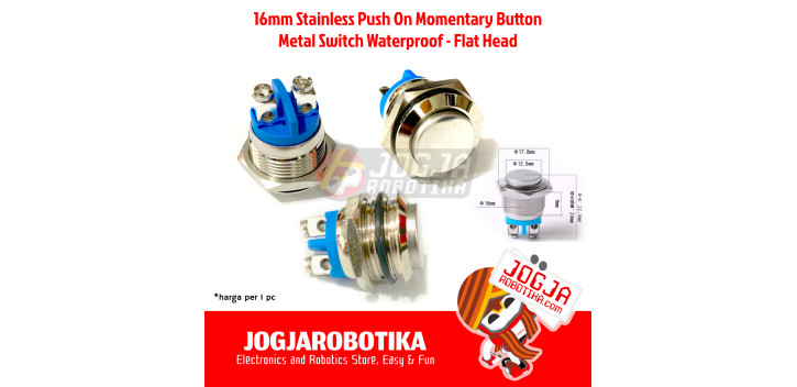 16mm Stainless Push On Momentary Button Flat Head Metal Switch Waterproof