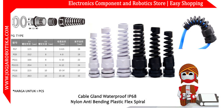 PG9 Cable Gland Waterproof IP68 Nylon Anti Bending Plastic Flex Spiral-Putih