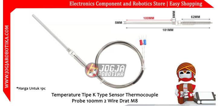 Temperature Tipe K Type Sensor Thermocouple Probe 100mm 2 Wire Drat M8 - 2 Meter