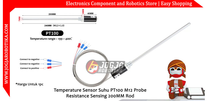 Temperature Sensor Suhu PT100 M12 Probe Resistance Sensing 200MM Rod - 2 Meter