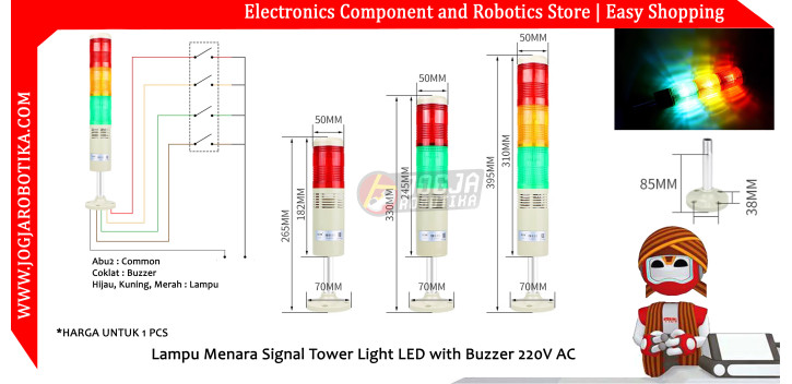 Lampu Menara Signal Tower Light LED with Buzzer 220V AC 3 Lampu