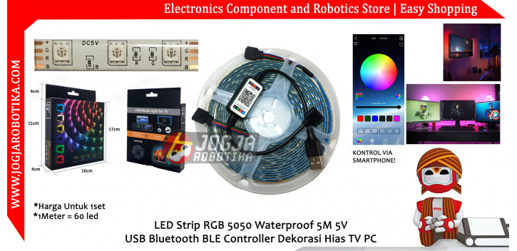 LED Strip RGB 5050 Waterproof 5M 5V USB Bluetooth BLE Controller Dekorasi Hias TV PC