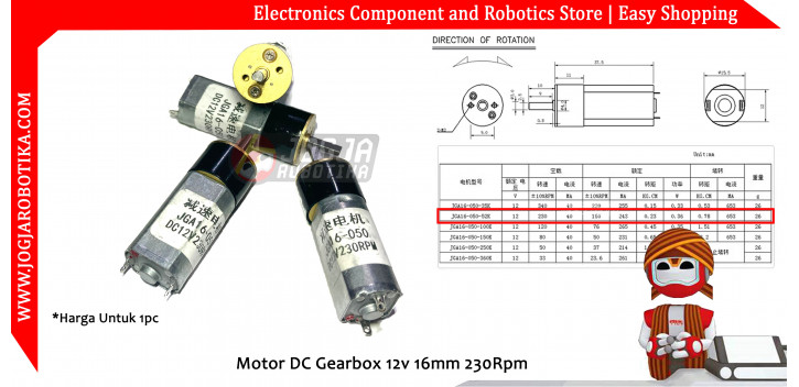 Motor DC Gearbox 12v 16mm 230Rpm