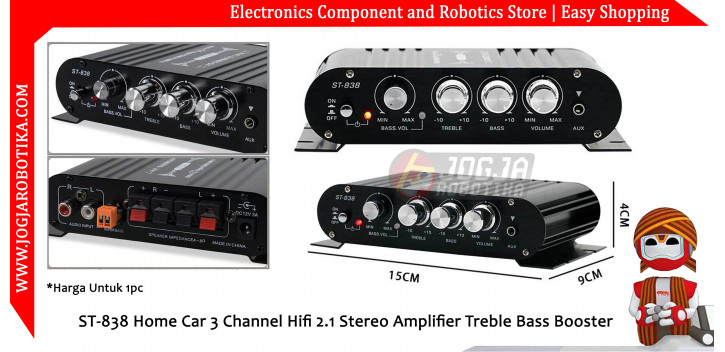 ST-838 Home Car 3 Channel Hifi 2.1 Stereo Amplifier Treble Bass Booster