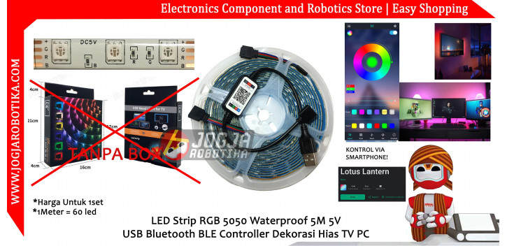 LED Strip RGB 5050 Waterproof 5M 5V USB Bluetooth BLE Controller Dekorasi Hias TV PC