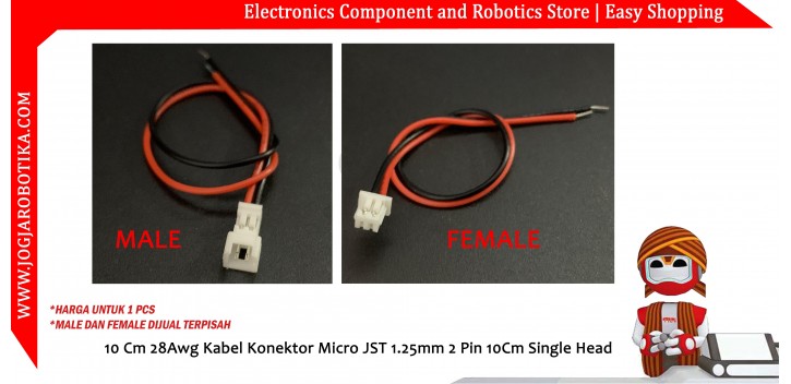 10 Cm 28Awg Kabel Konektor Micro JST 1.25mm 2 Pin 10Cm Single Head - Male