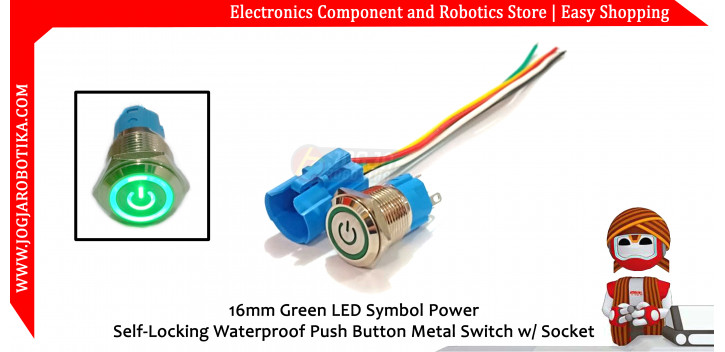 16mm Green LED Symbol Power Self-Locking Waterproof Push Button Metal Switch w/ Socket