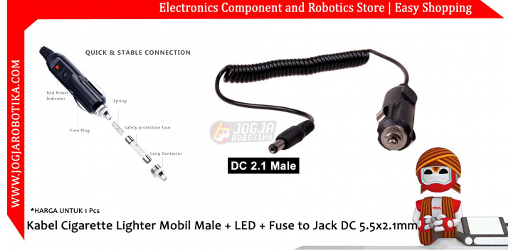Jack Cigarette Lighter Socket Male + LED + Fuse to Jack DC 5.5x2.1mm