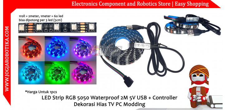 LED Strip RGB 5050 Waterproof 2M 5V USB + Controller Dekorasi Hias TV PC Modding