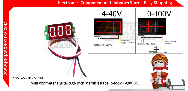 MINI VOLTMETER DIGITAL DC 4-30V 0-100V 3 DIGIT 0.36 INCH - MERAH