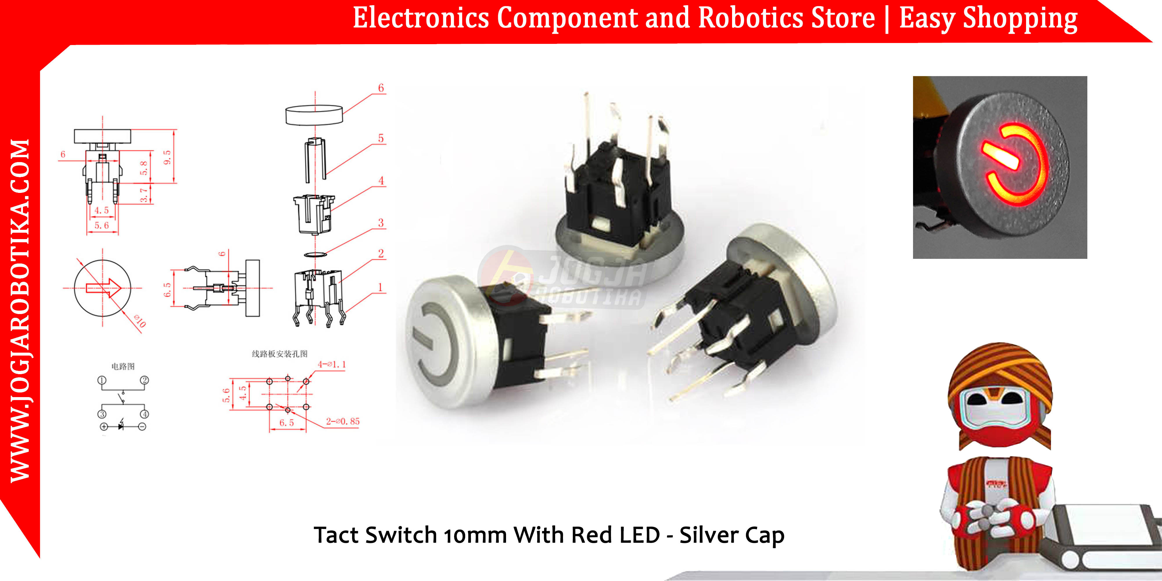 Tact Switch 10mm With Red LED - Silver Cap