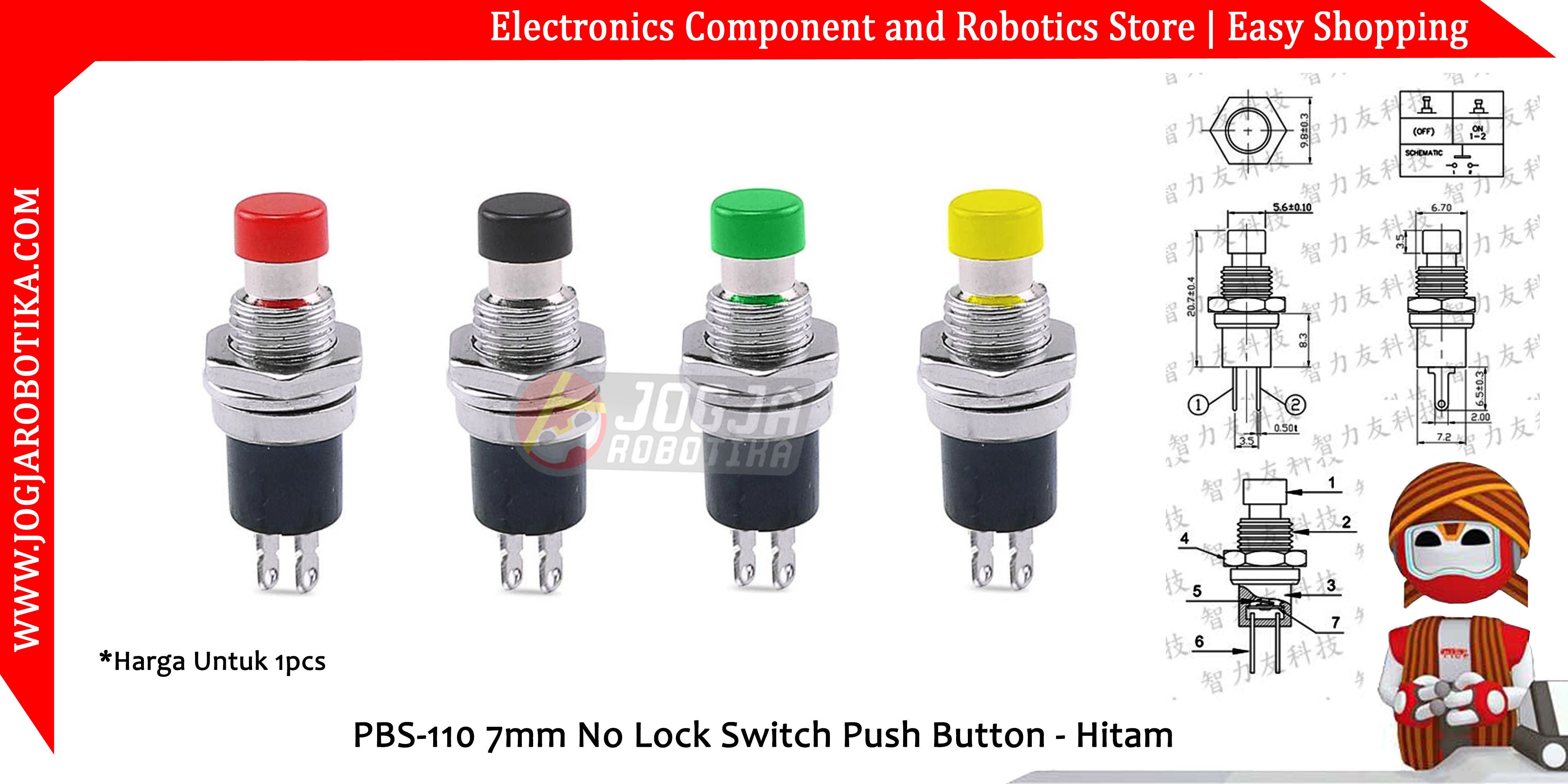 PBS-110 7mm No Lock Switch Push Button - Hitam