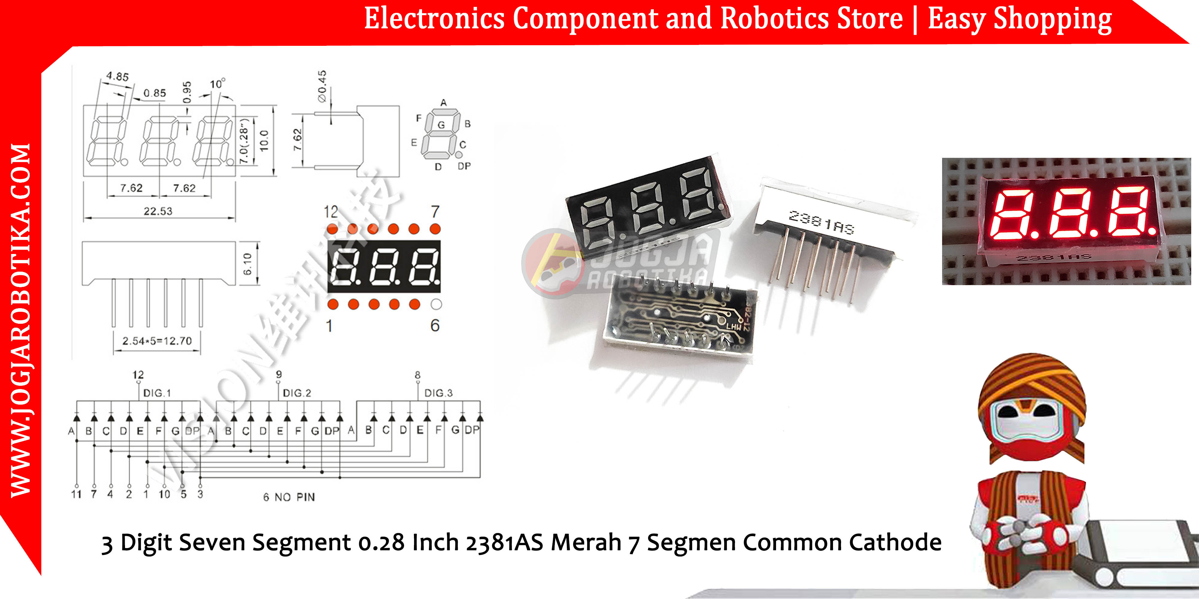 3 Digit Seven Segment 0.28 Inch 2381AS 2831AS Merah 7 Segmen Common Cathode