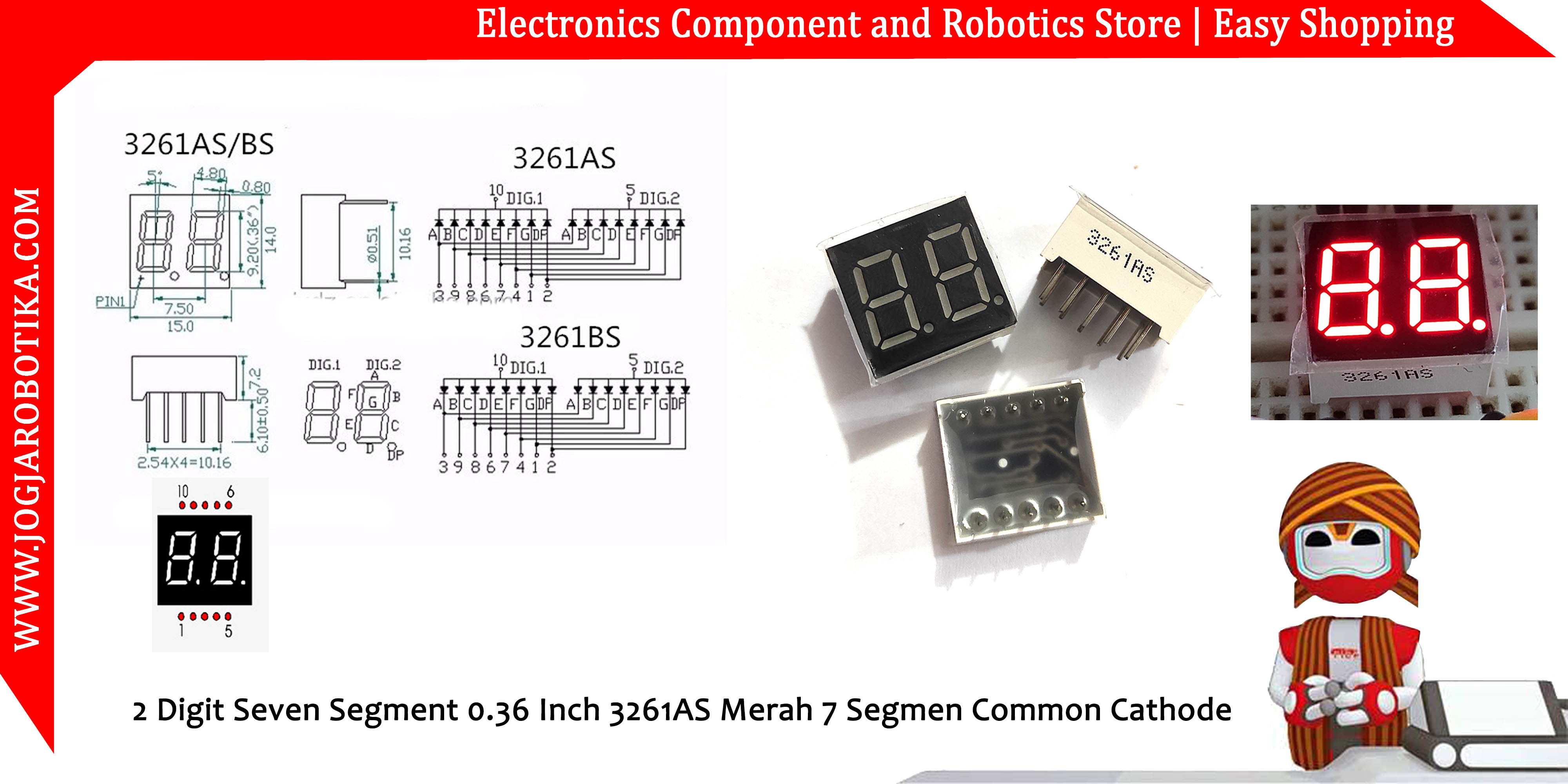2 Digit Seven Segment 0.36 Inch 3261AS 3621AS Merah 7 Segmen Common Cathode