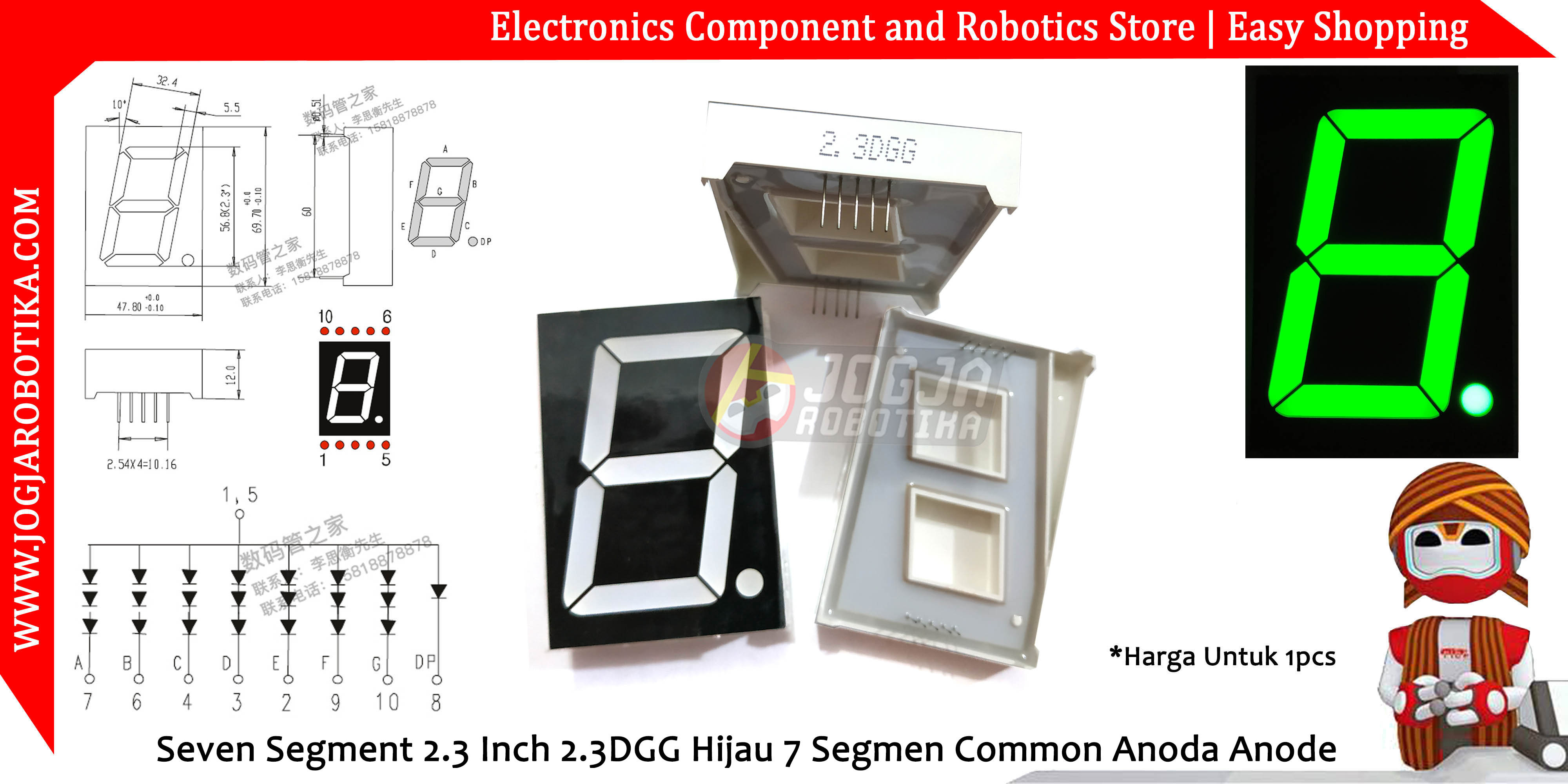 Seven Segment 2.3 Inch 2.3DGG Hijau 7 Segmen Common Anoda Anode