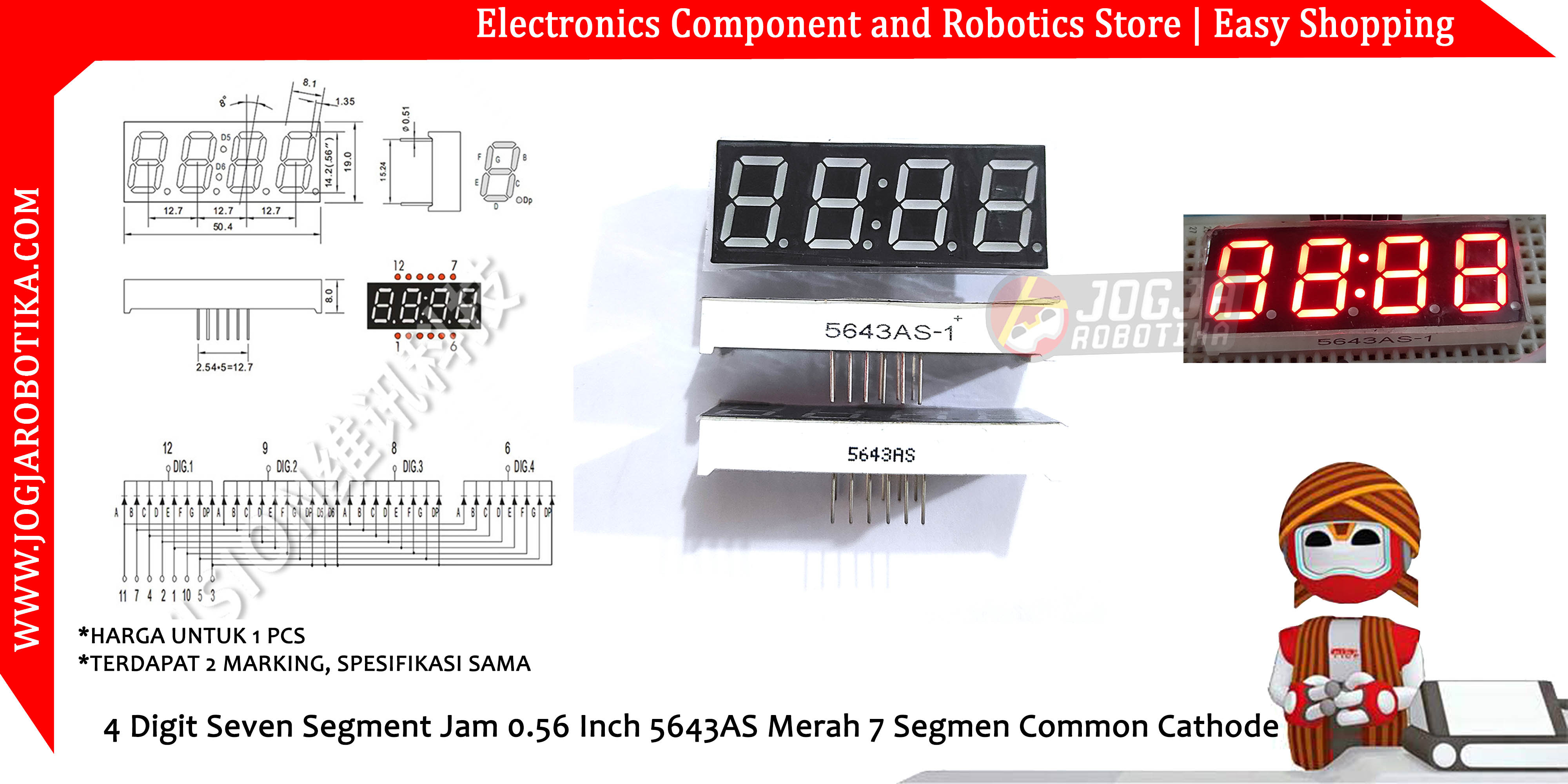 4 Digit Seven Segment Jam 0.56 Inch 5643AS Merah 7 Segmen Common Cathode