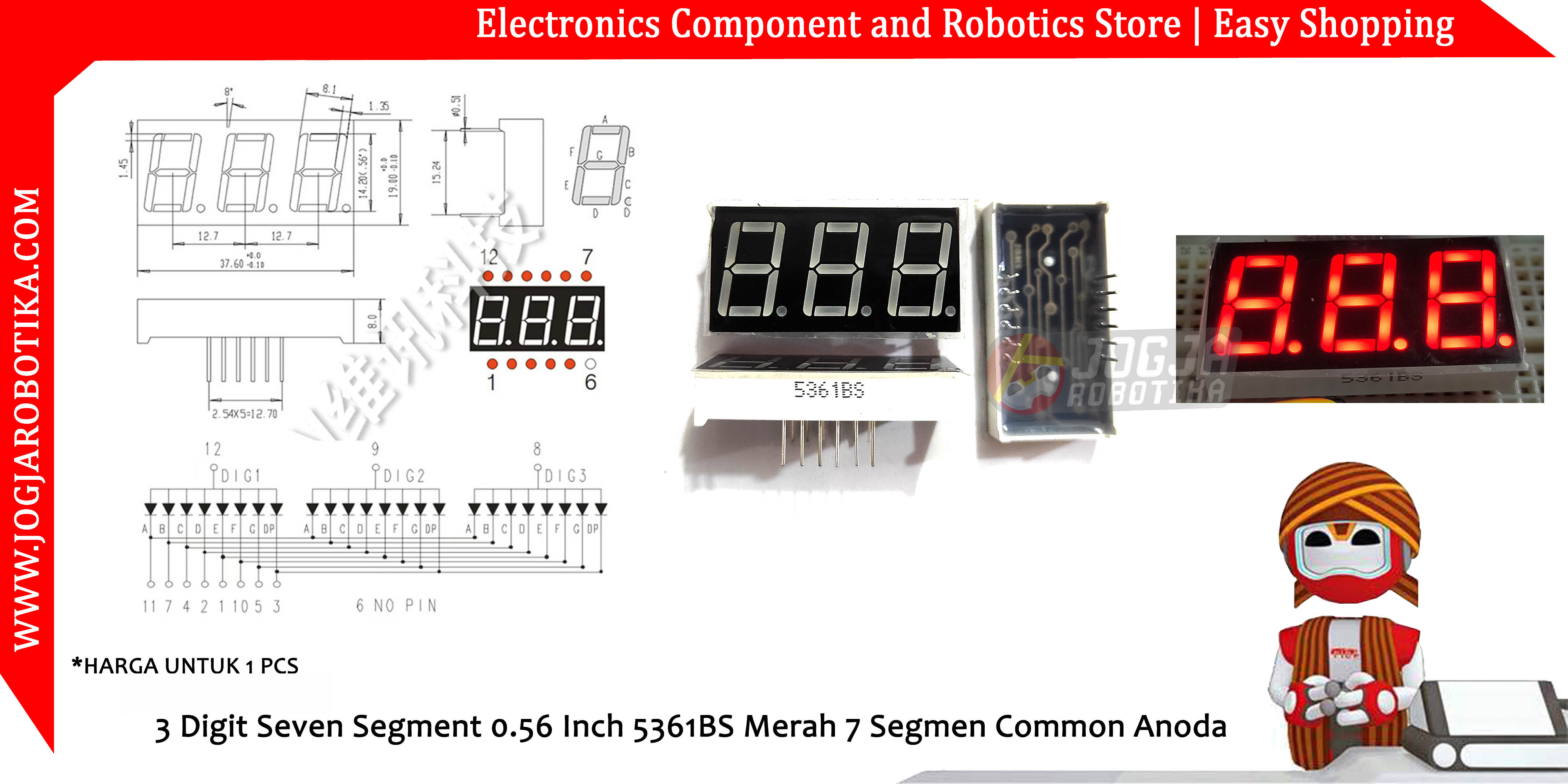 3 Digit Seven Segment 0.56 Inch 5361BS 5631BS Merah 7 Segmen Common Anoda