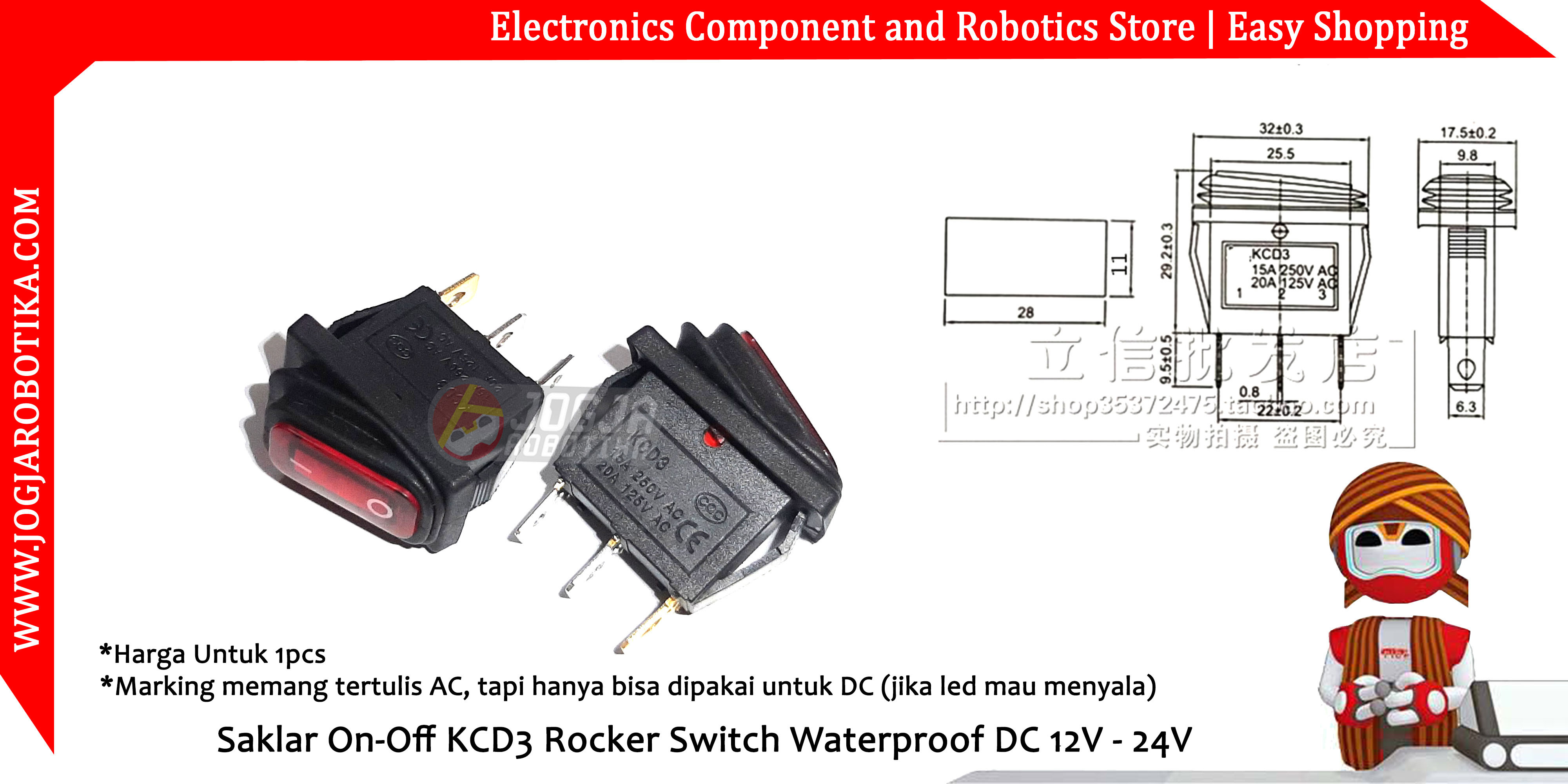 Saklar On-Off KCD3 Rocker Switch Waterproof DC 12V - 24V