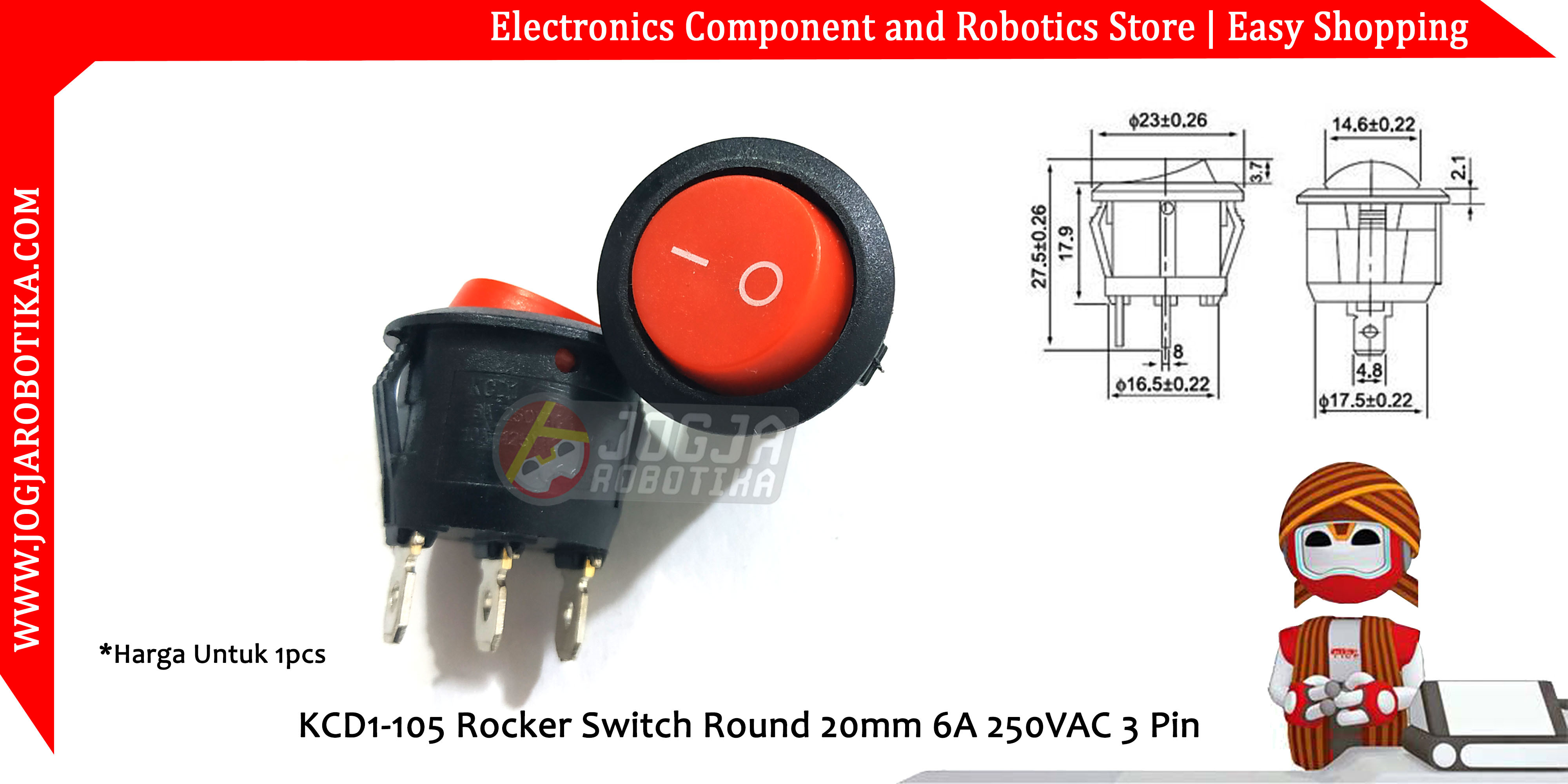 KCD1-105 Rocker Switch Round 20mm 6A 250VAC 3 Pin