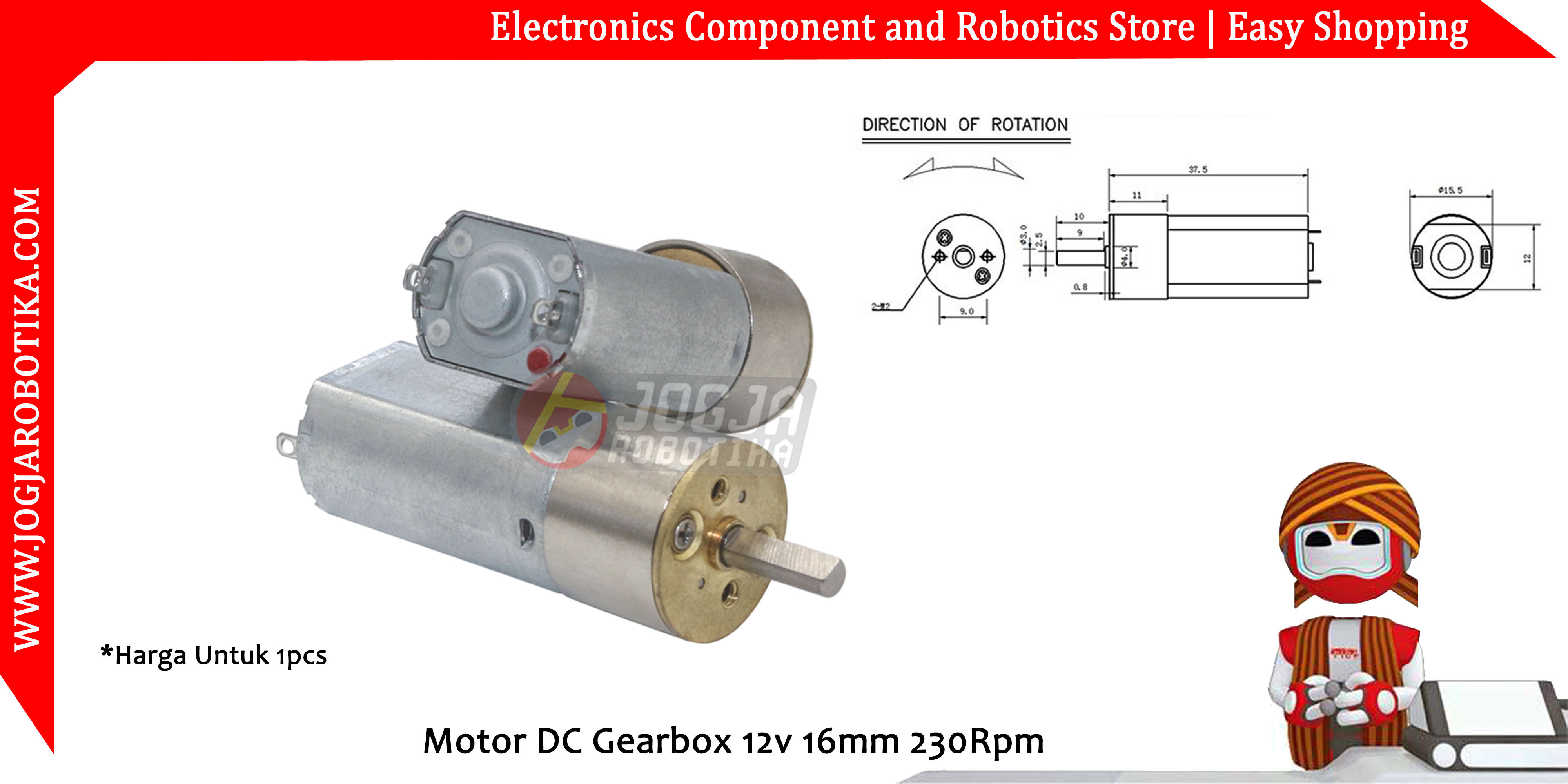 Motor DC Gearbox 12v 16mm 230Rpm