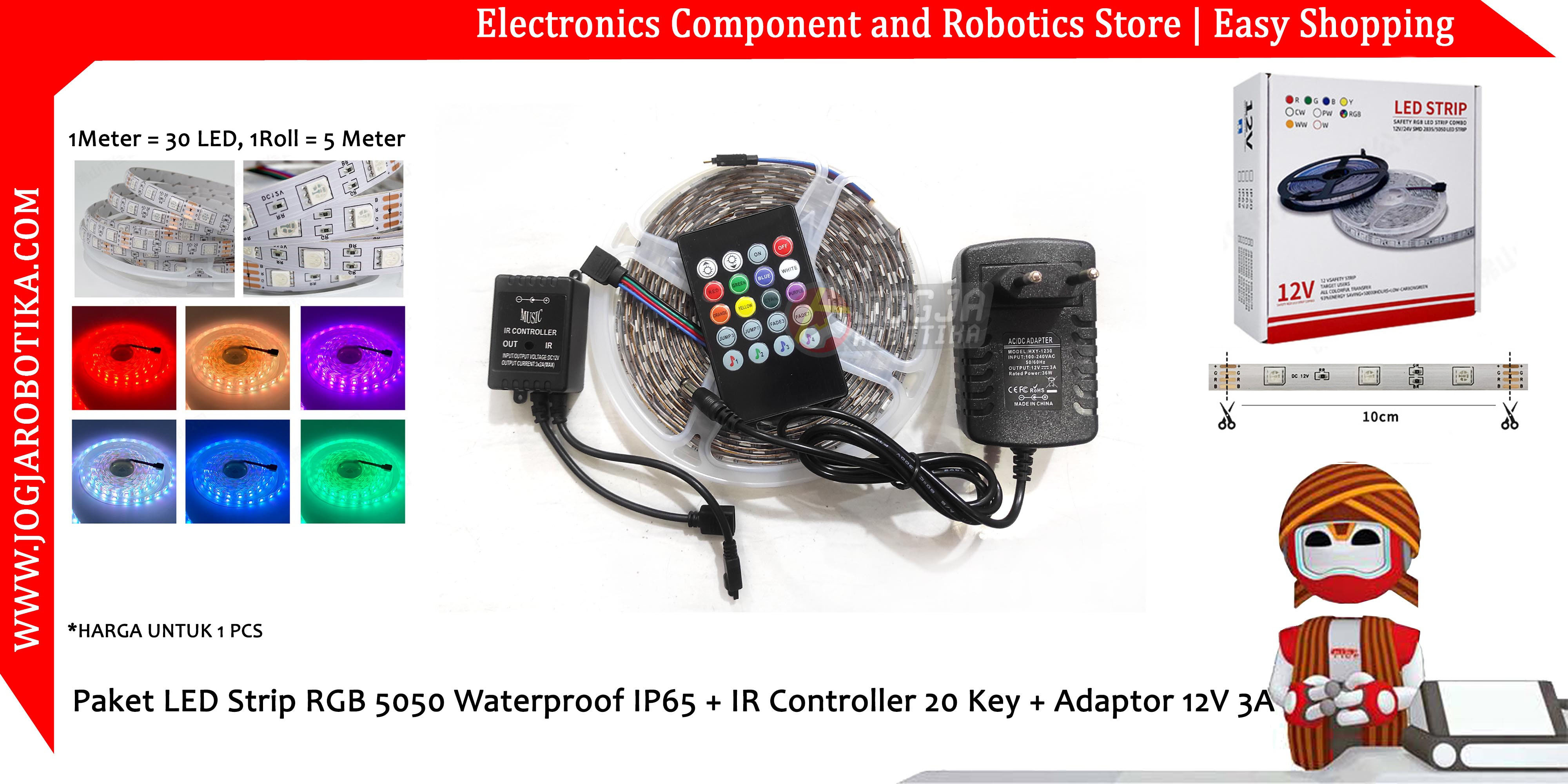 Paket LED Strip RGB 5050 Waterproof IP65 + IR Controller 20 Key + Adaptor 12V 3A