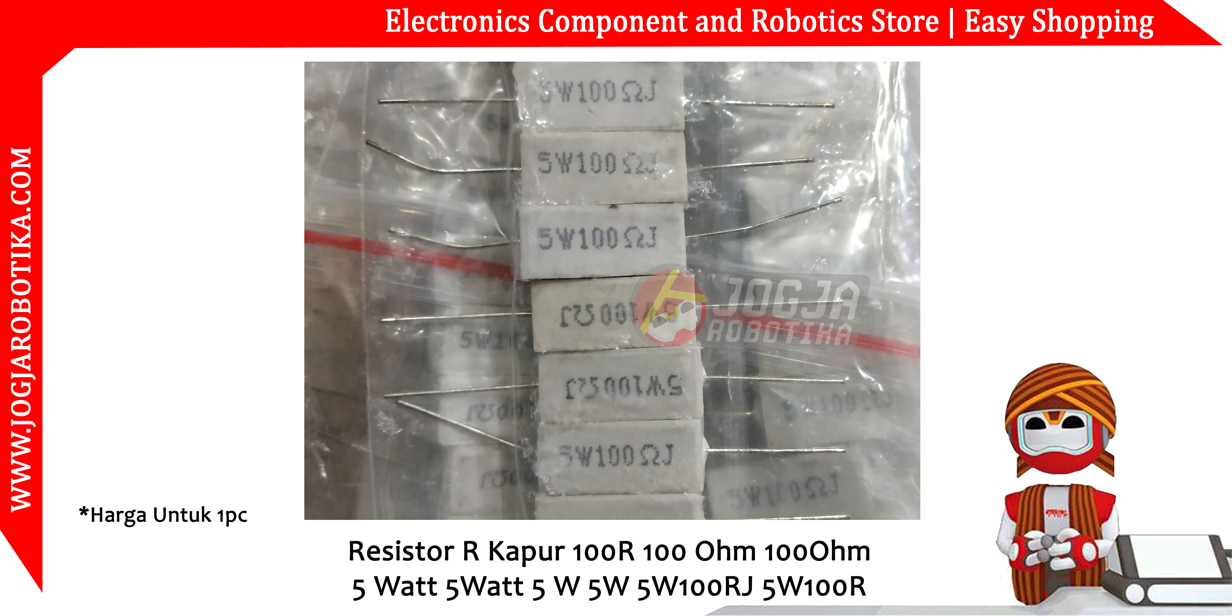 Resistor R Kapur 100R 100 Ohm 100Ohm 5 Watt 5Watt 5 W 5W 5W100RJ 5W100R