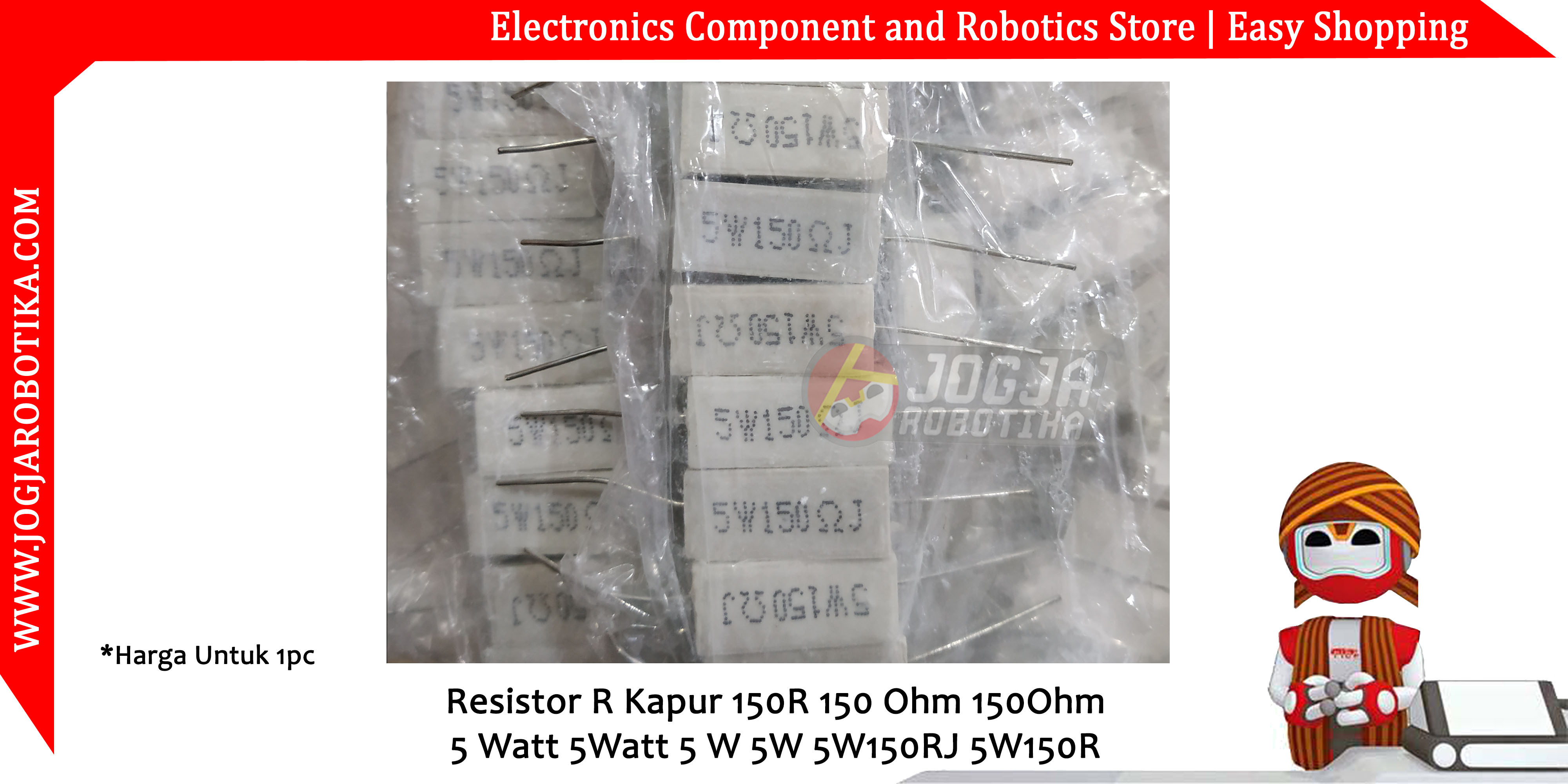 Resistor R Kapur 150R 150 Ohm 150Ohm 5 Watt 5Watt 5 W 5W 5W150RJ 5W150R