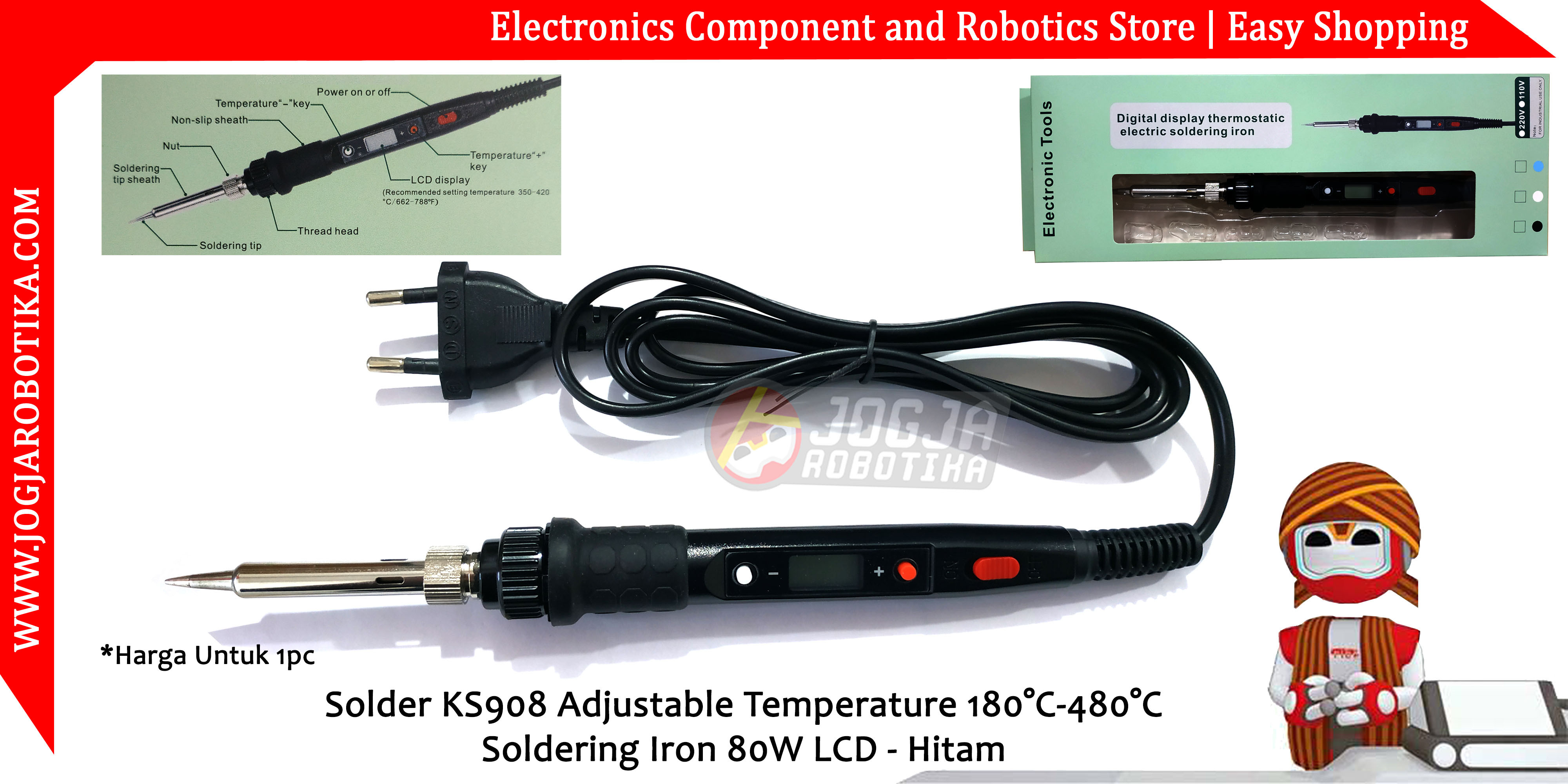 Solder KS908 Adjustable Temperature 180°C-480°C Soldering Iron 80W LCD - Hitam
