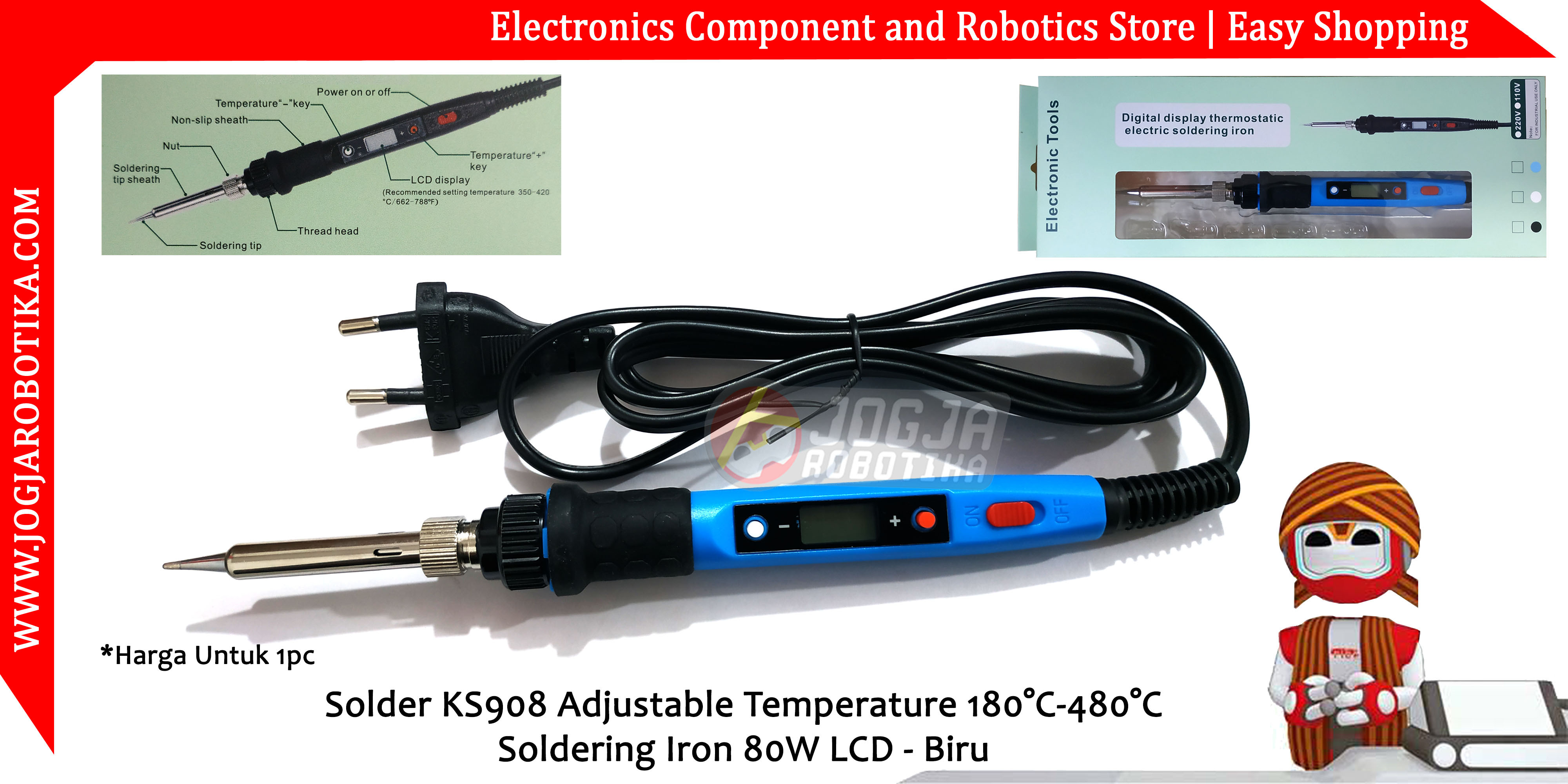 Solder KS908 Adjustable Temperature 180°C-480°C Soldering Iron 80W LCD - Biru