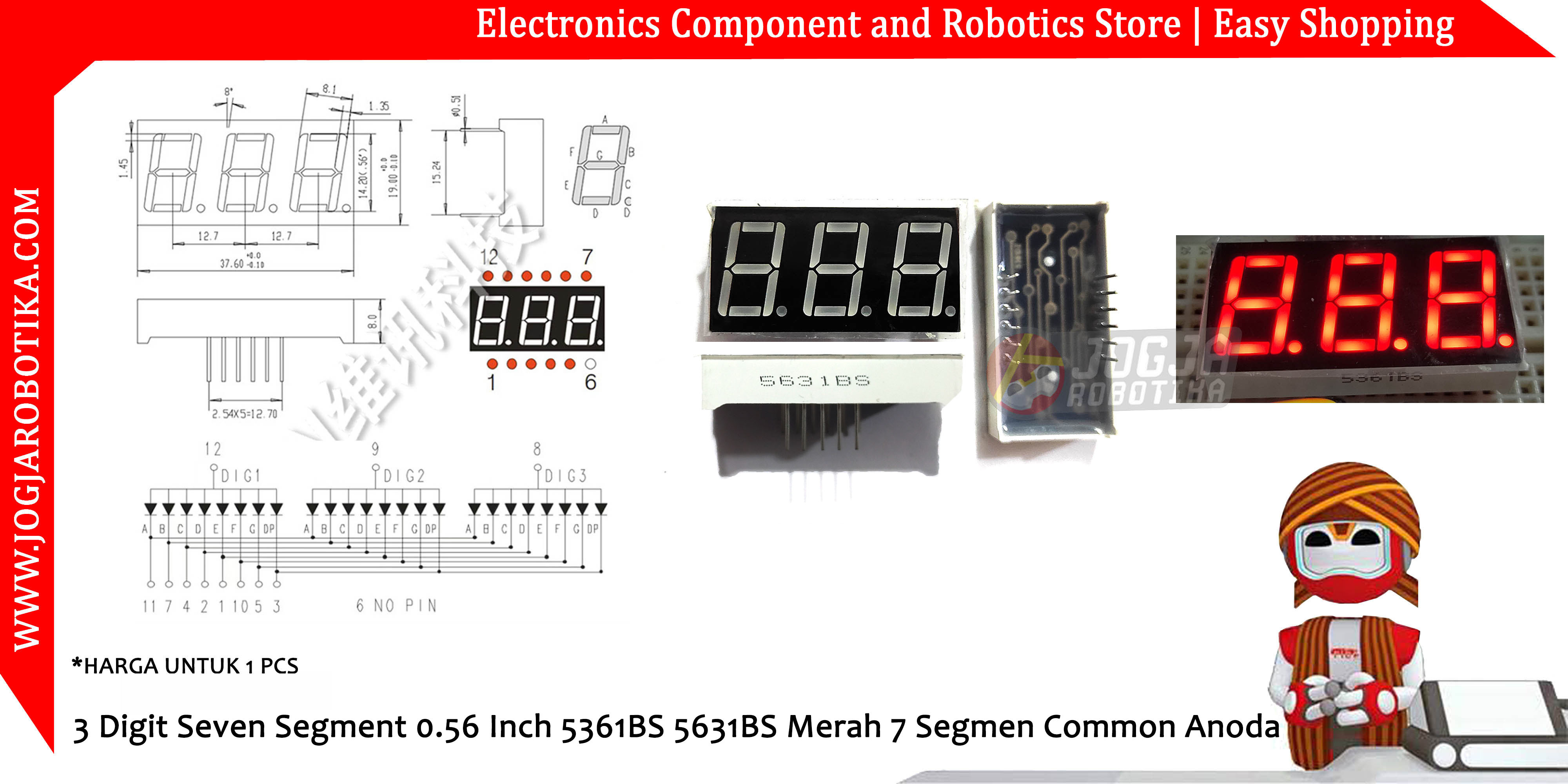 3 Digit Seven Segment 0.56 Inch 5361BS 5631BS Merah 7 Segmen Common Anoda