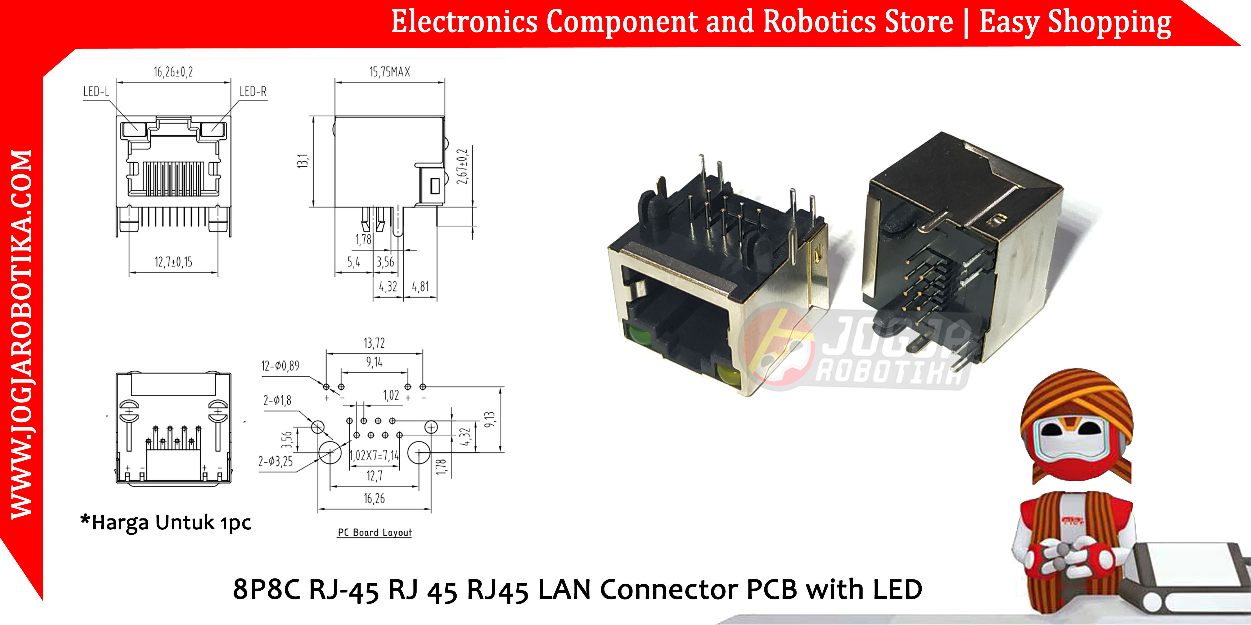 Konektor 8P8C RJ-45 RJ 45 RJ45 LAN Connector PCB with LED