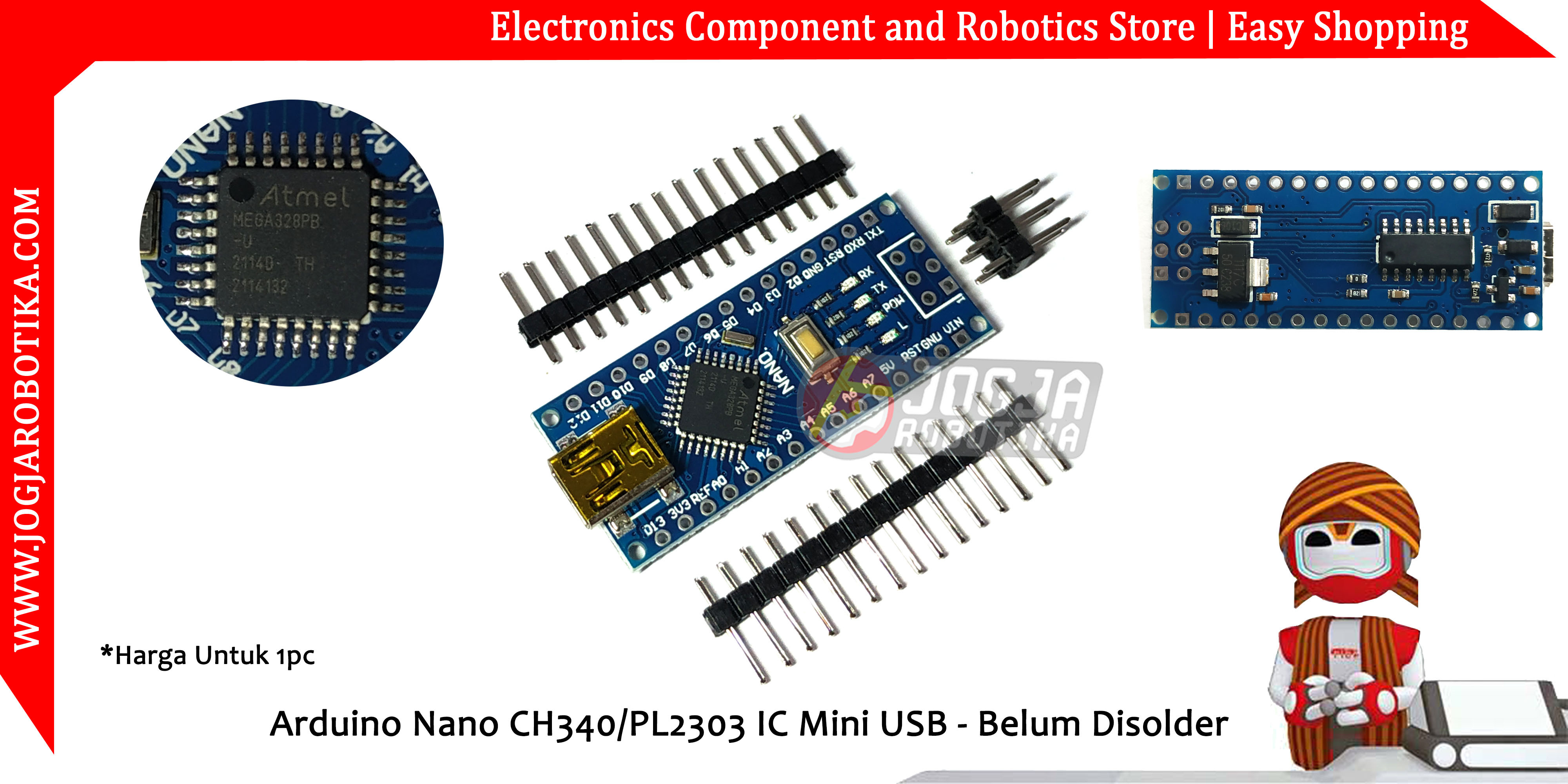 Arduino Nano CH340/PL2303 IC - Mini USB Belum Disolder
