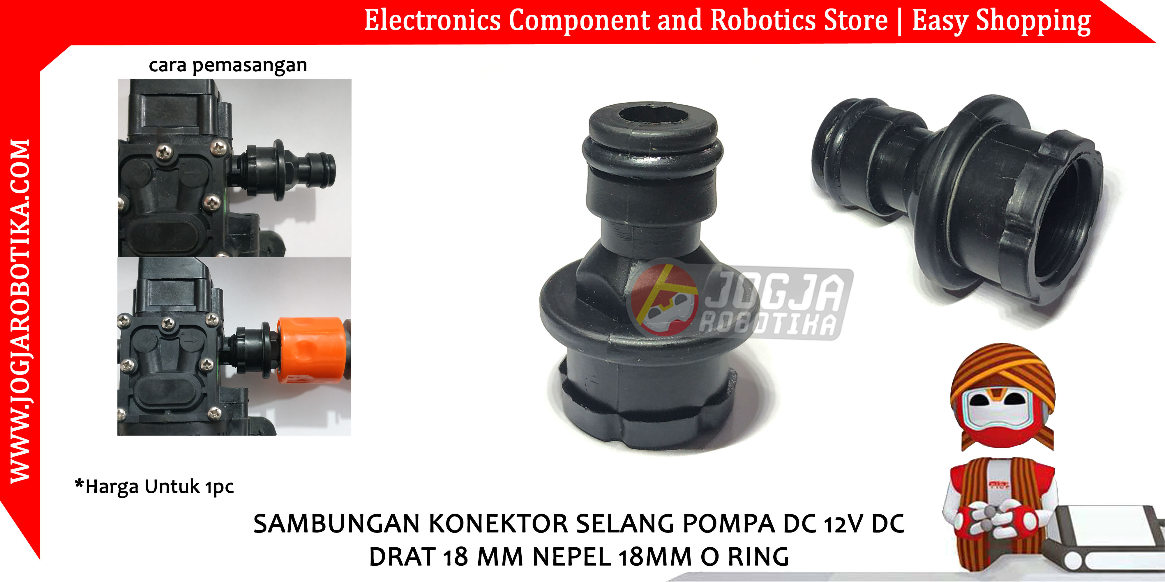 SAMBUNGAN KONEKTOR SELANG POMPA DC 12V DC DRAT 18 MM NEPEL 18MM O RING