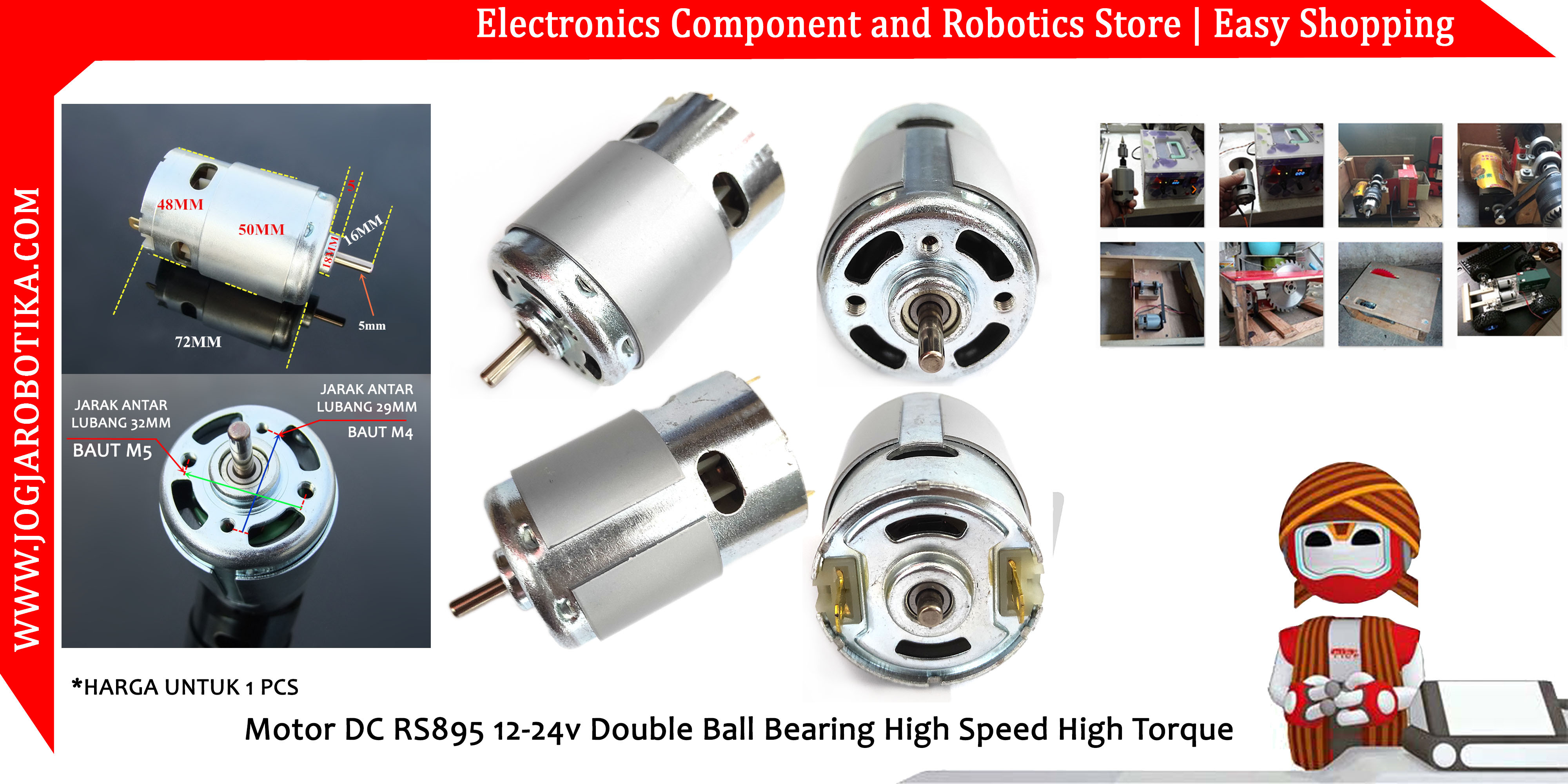 Motor DC RS895 12-24v Double Ball Bearing High Speed High Torque