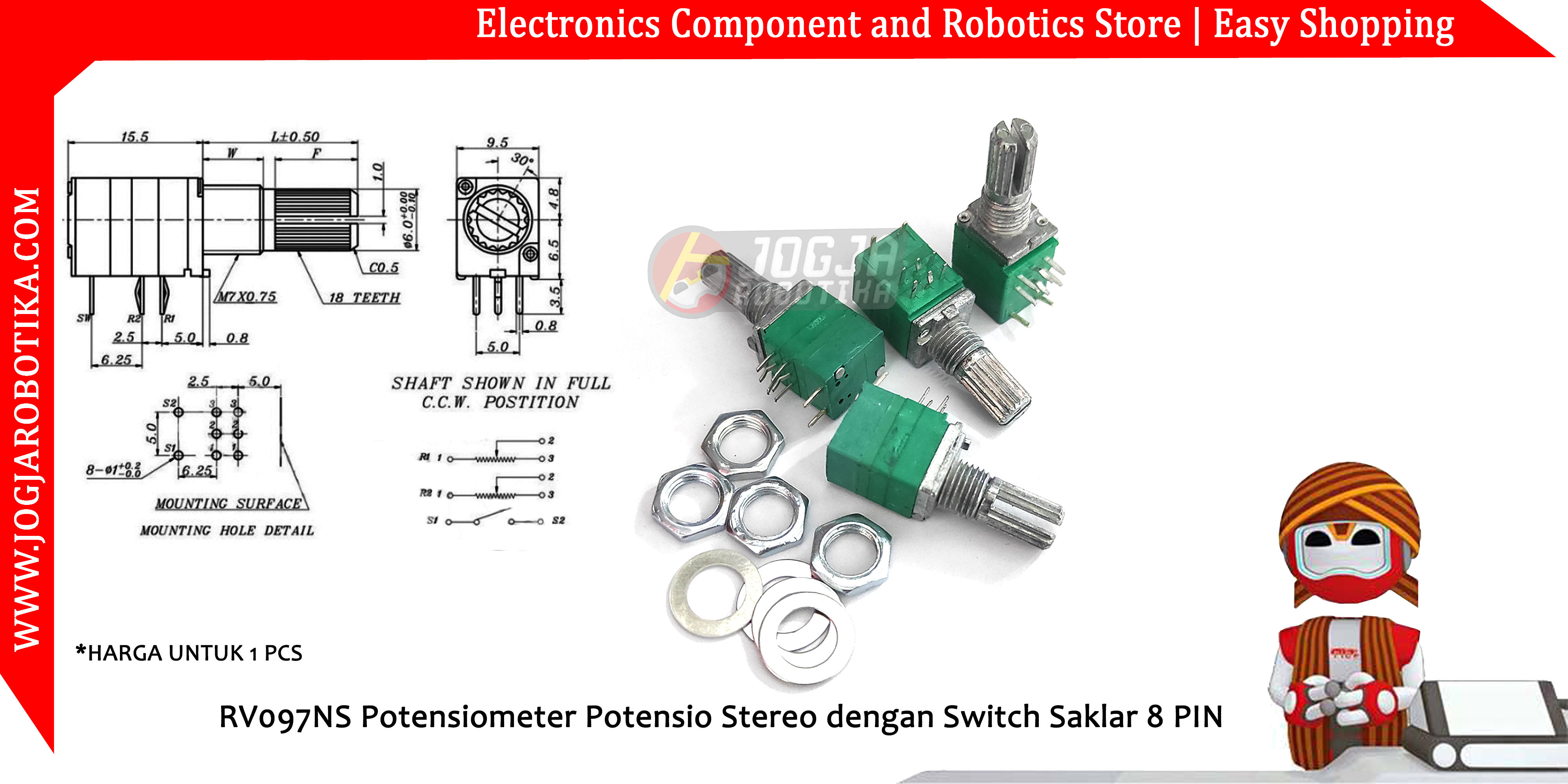RV097NS Potensiometer Potensio Stereo dengan Switch Saklar 8 PIN 10K
