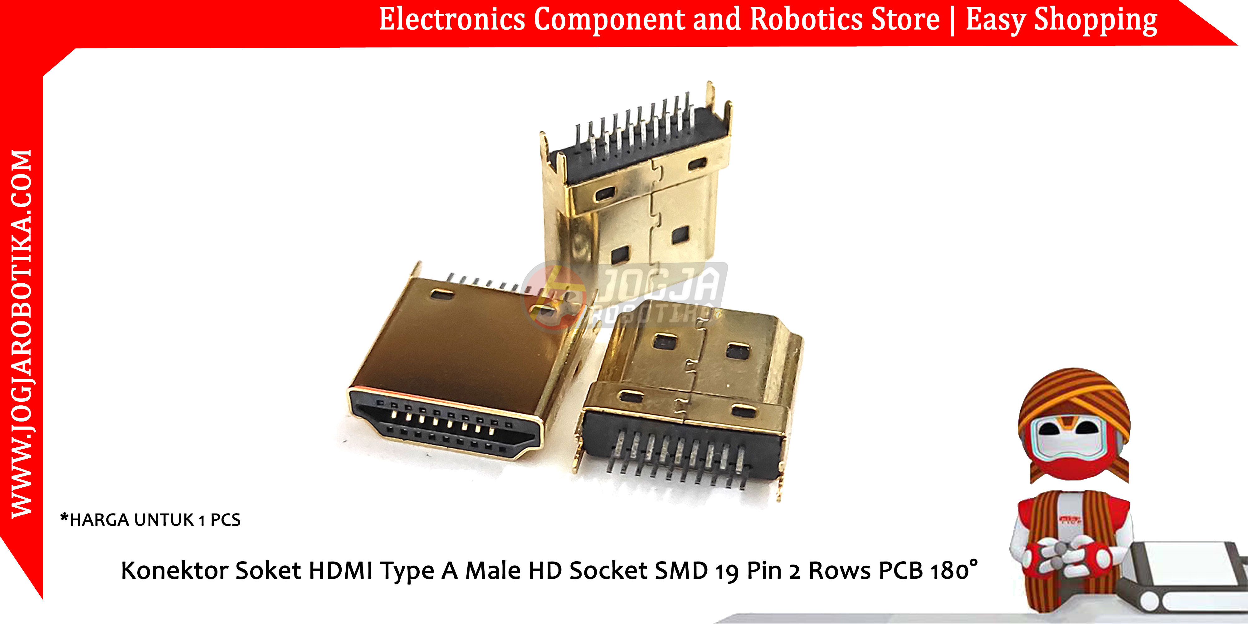 Konektor Soket HDMI Type A Male HD Socket SMD 19 Pin 2 Rows PCB 180°