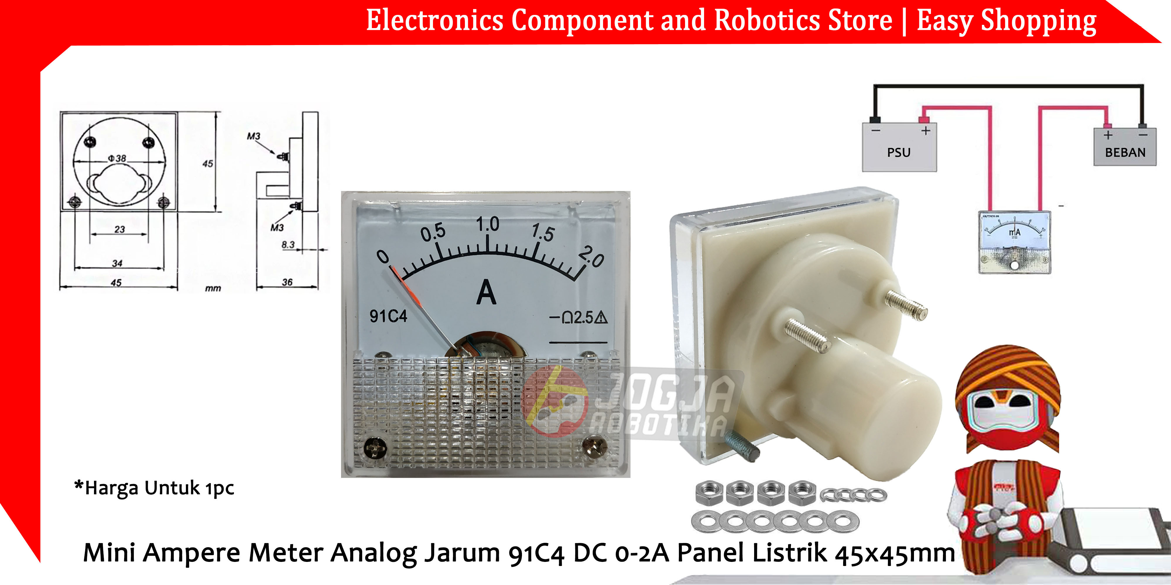 Mini Ampere Meter Analog Jarum 91C4 DC 0-2A Panel Listrik 45x45mm