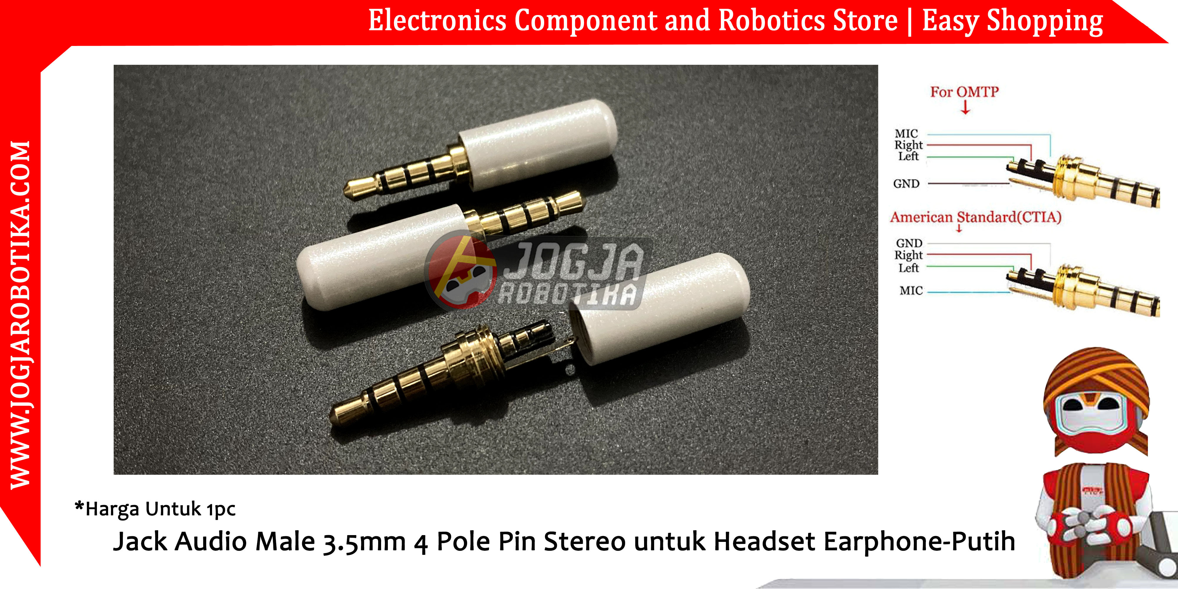 Jack Audio Male 3.5mm 4 Pole Pin Stereo untuk Headset Earphone-Putih