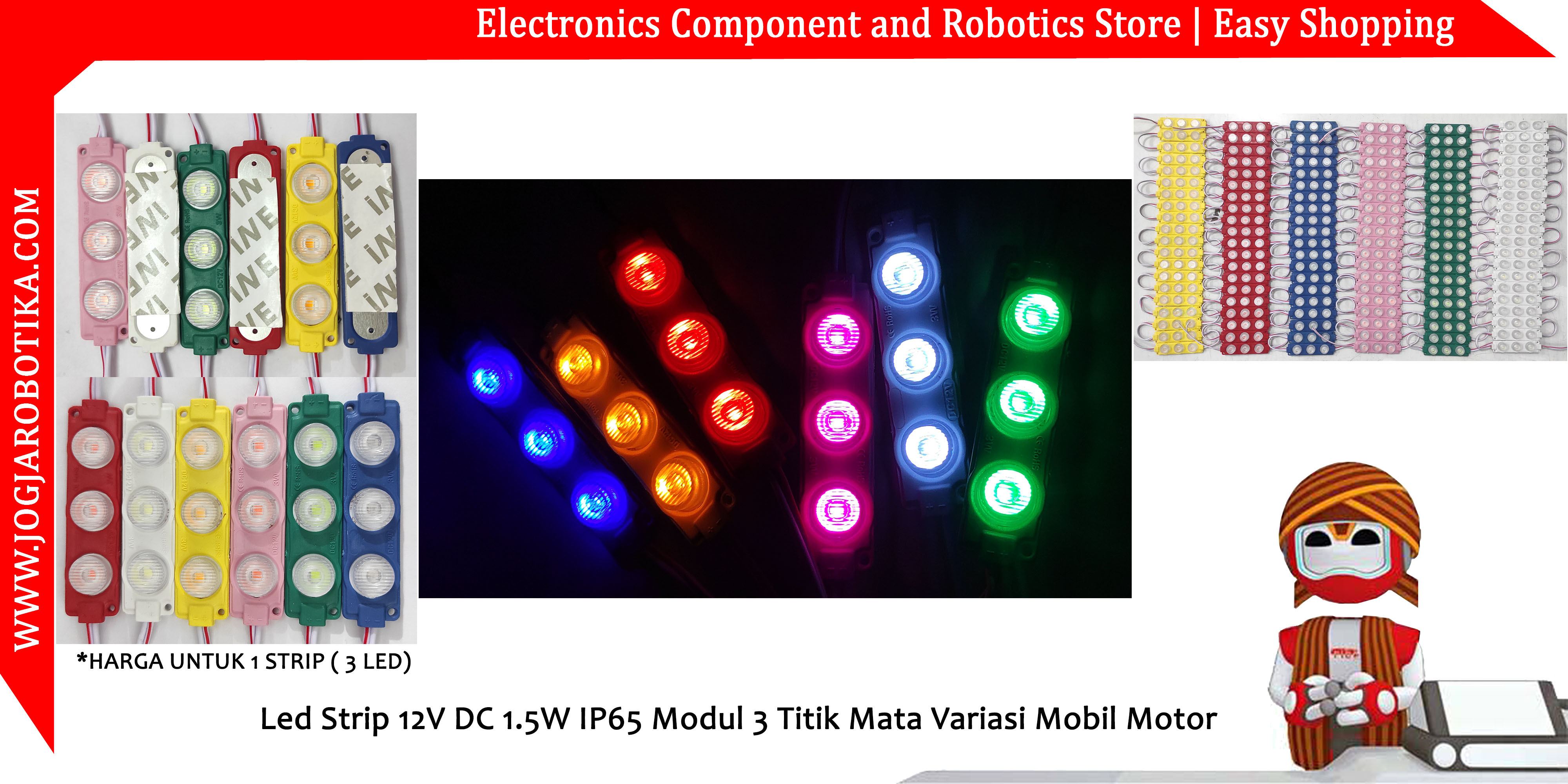 Led Strip 12V DC 1.5W IP65 Modul 3 Titik Mata Variasi Mobil Motor-Putih